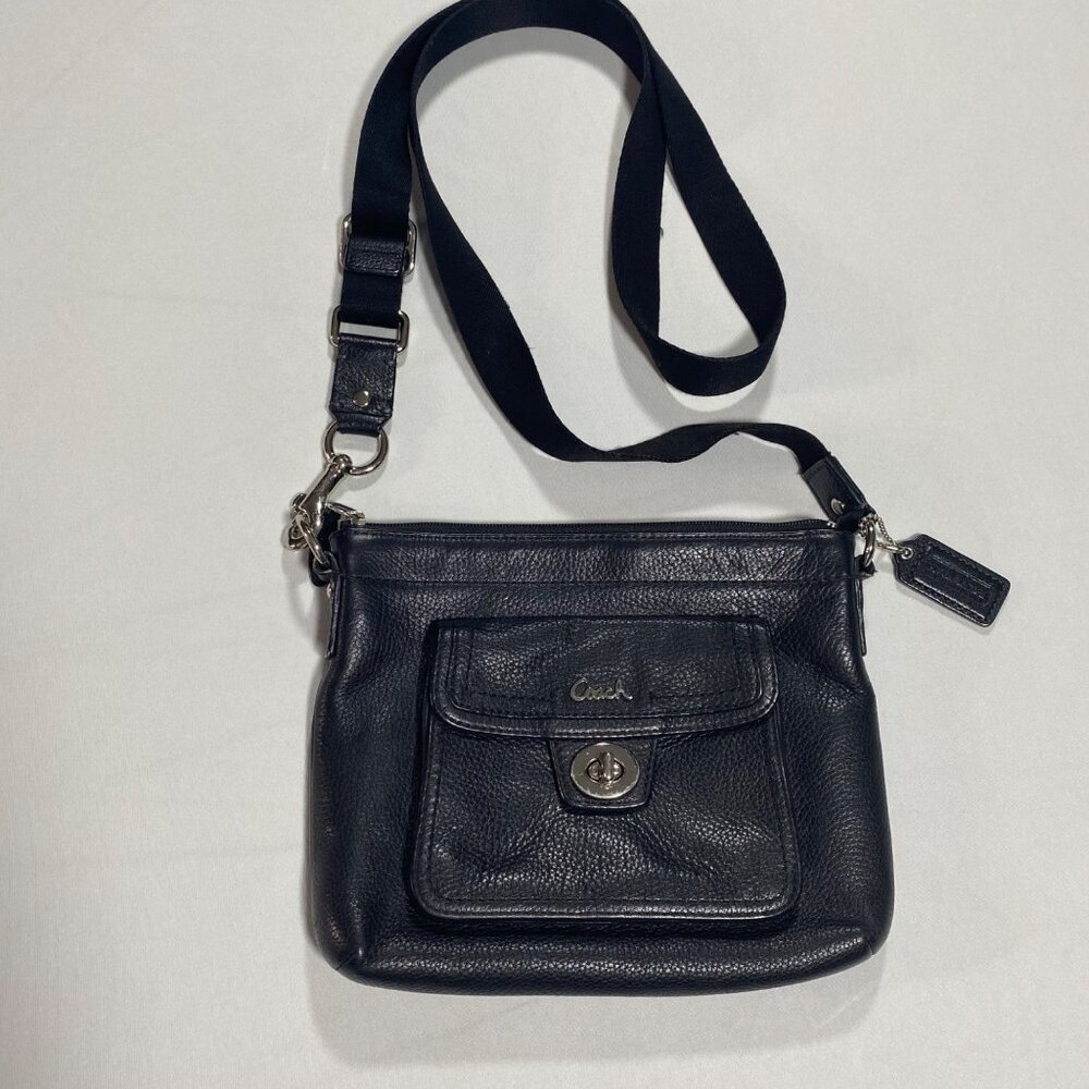 Coach Black Leather Crossbody Bag With Front Turn-Lock Pocket & Adjustable Strap